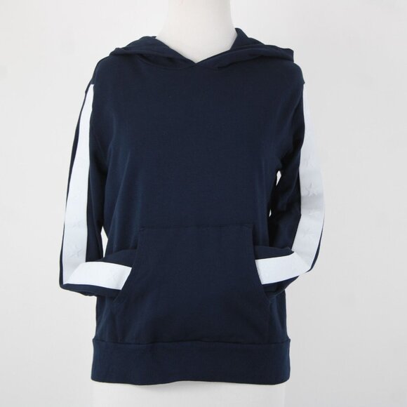 Monrow Sz S Navy White Stripe Embossed Stars Sleeve Cotton Blend Hooded Sweater - Picture 5 of 16